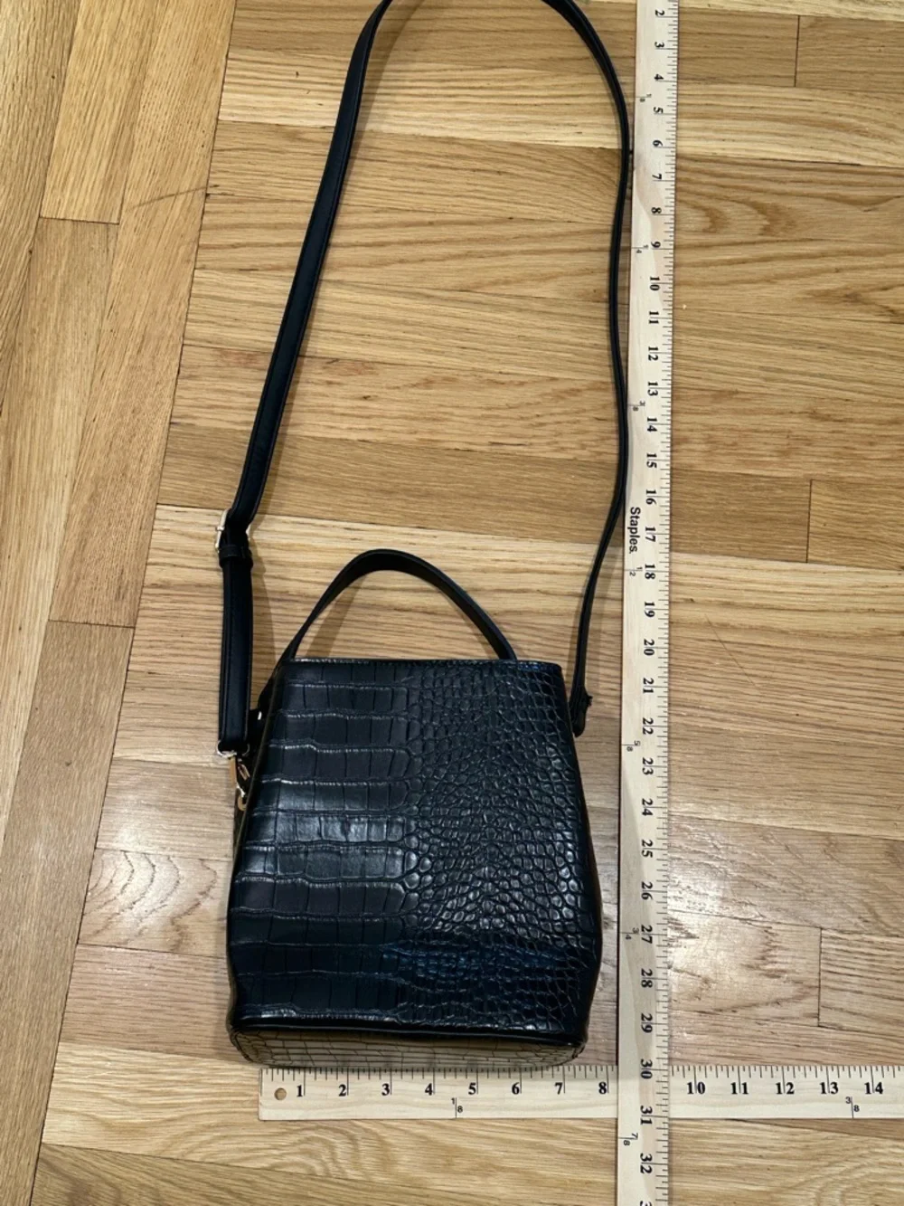 Vegan Croc-Embossed Black Top-Handle Aota Elena Bucket Bag Crossbody